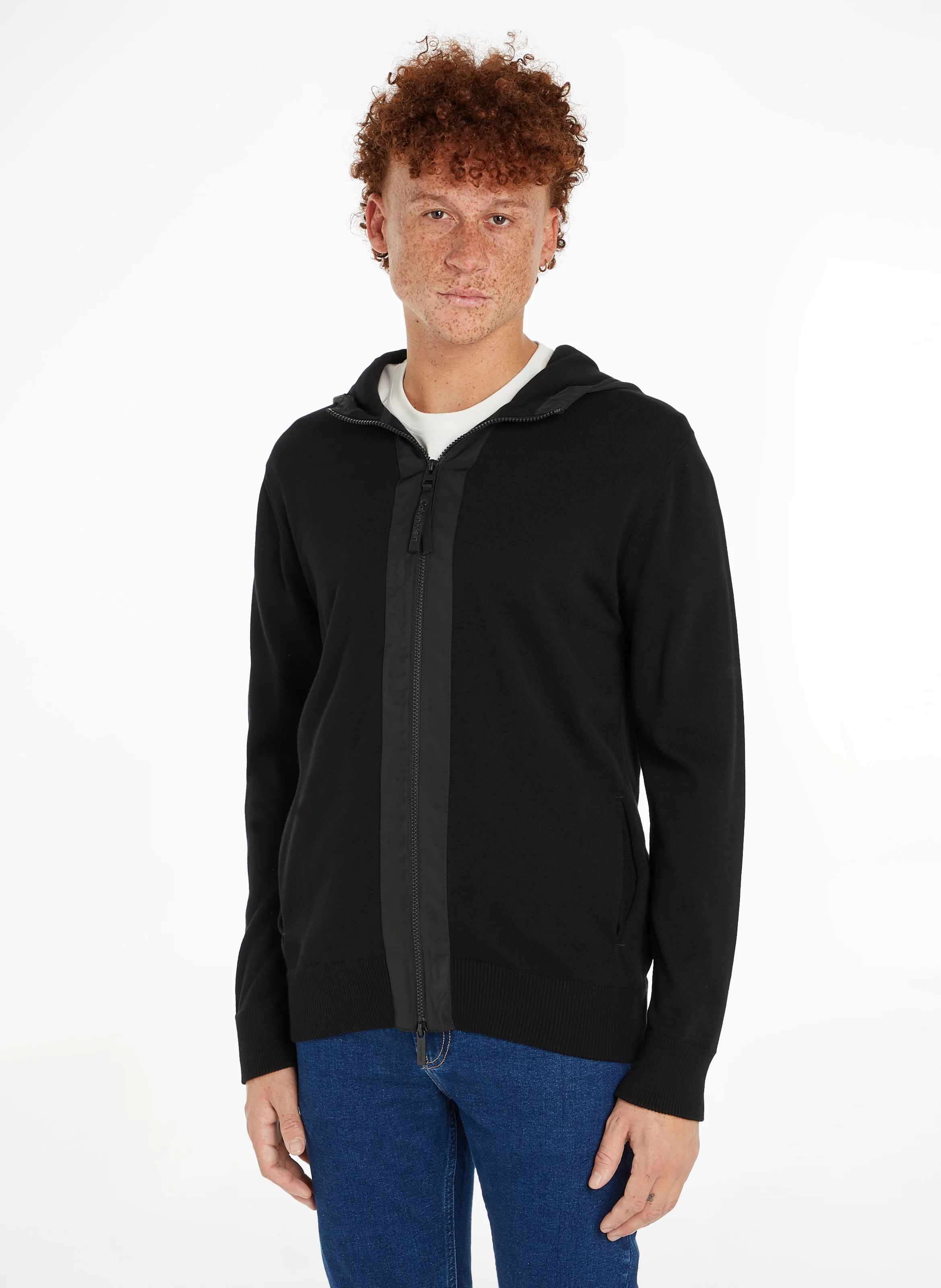 Gilet droit col montant à capuche en coton bio | Gris