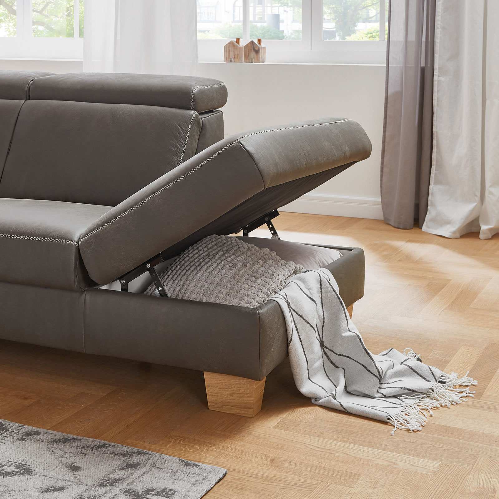 polsterpower 2,5-Recamiere Ledersofa - grau - mit Funktionen - Armlehne links
