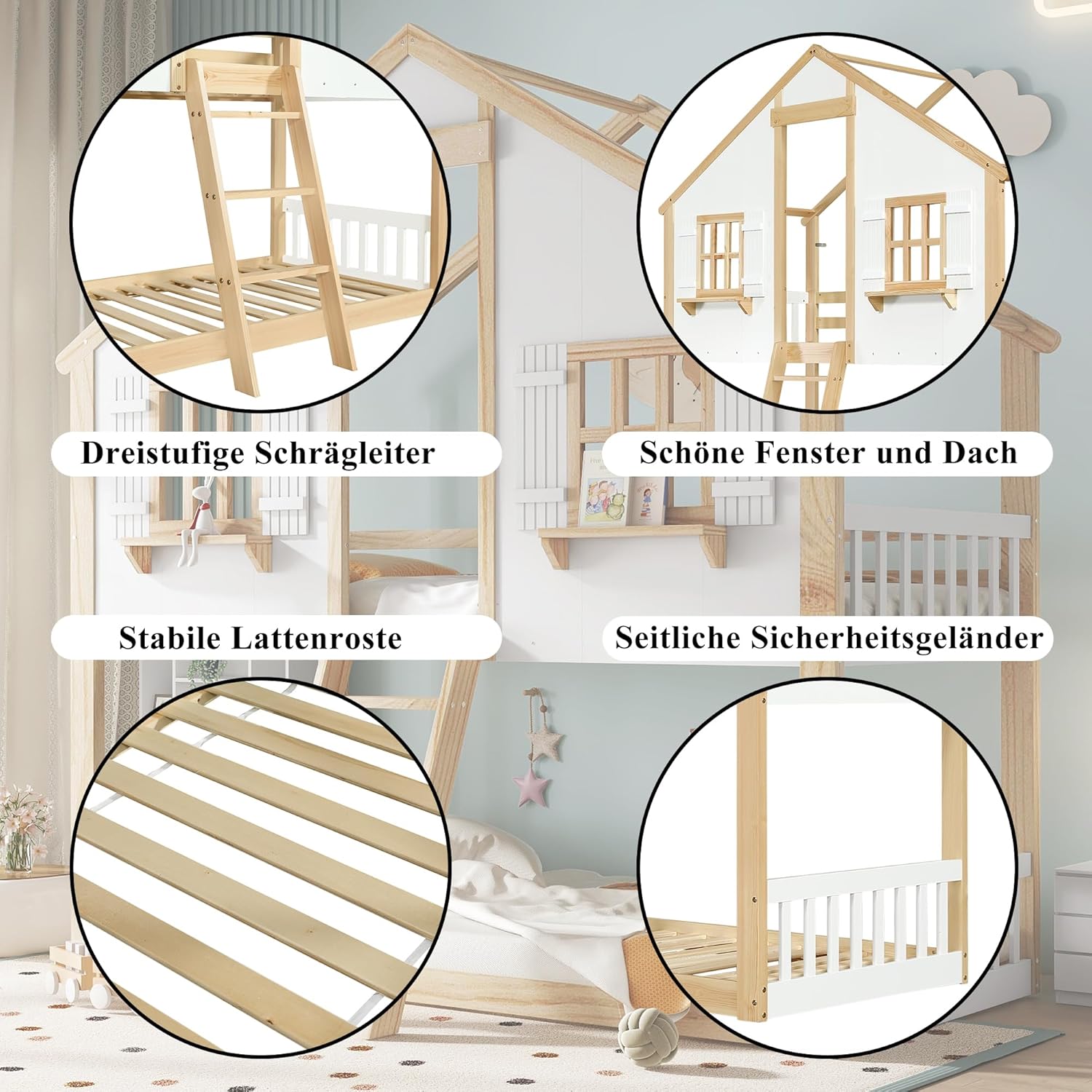 Etagenbett Kinderbett 90x200, Hochbett Hausbett für 2 Kinder, Stockbett mit Leiter&Fenstern&Dach&Regalen, Doppelbett Holzbett Jugendbett mit Lattenrost&Rausfallschutz, Kiefer, Ohne Matratze,Weiß+Natur