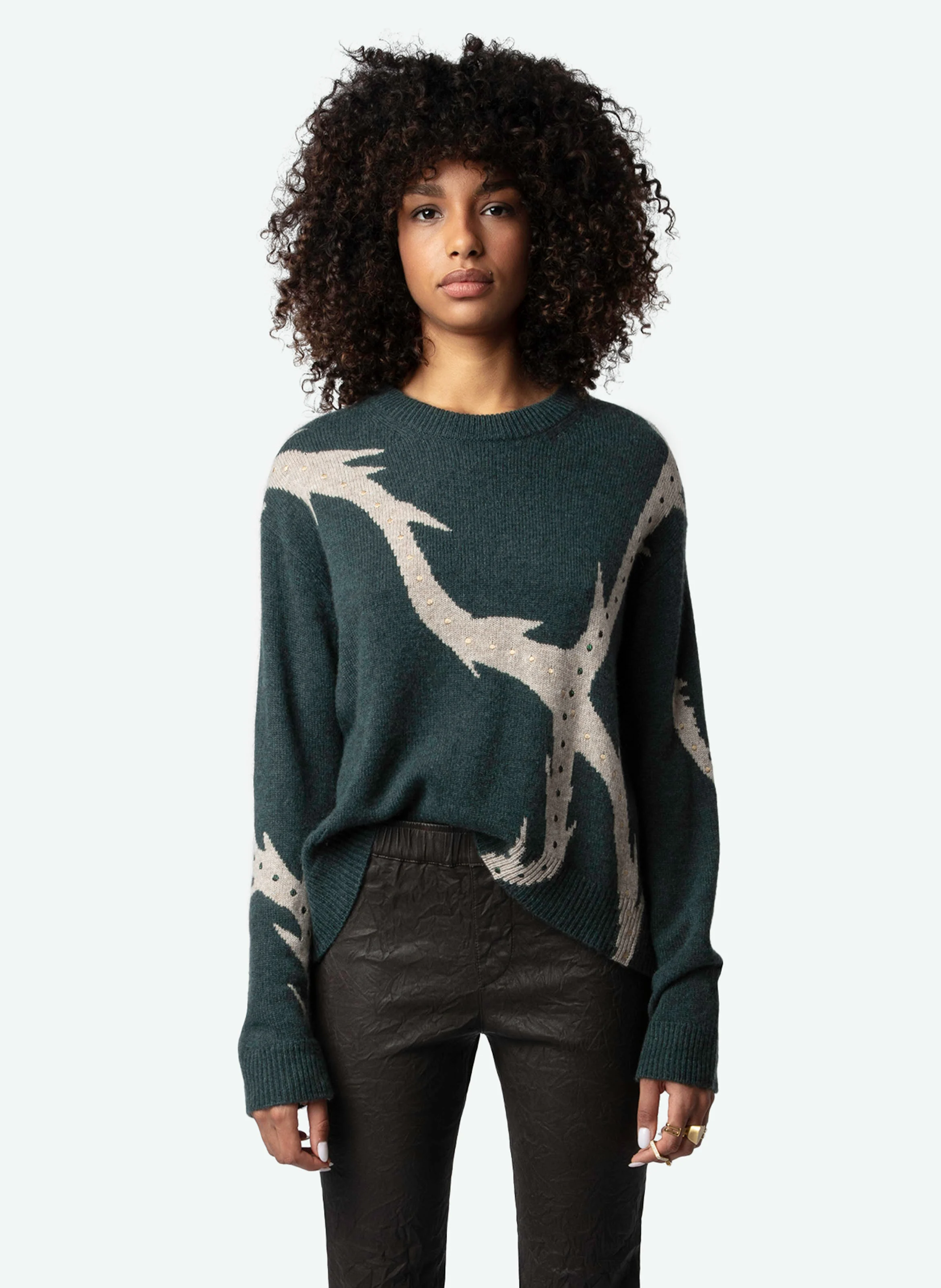 MARKUS - Pull col rond ample en cachemire à motif | Vert