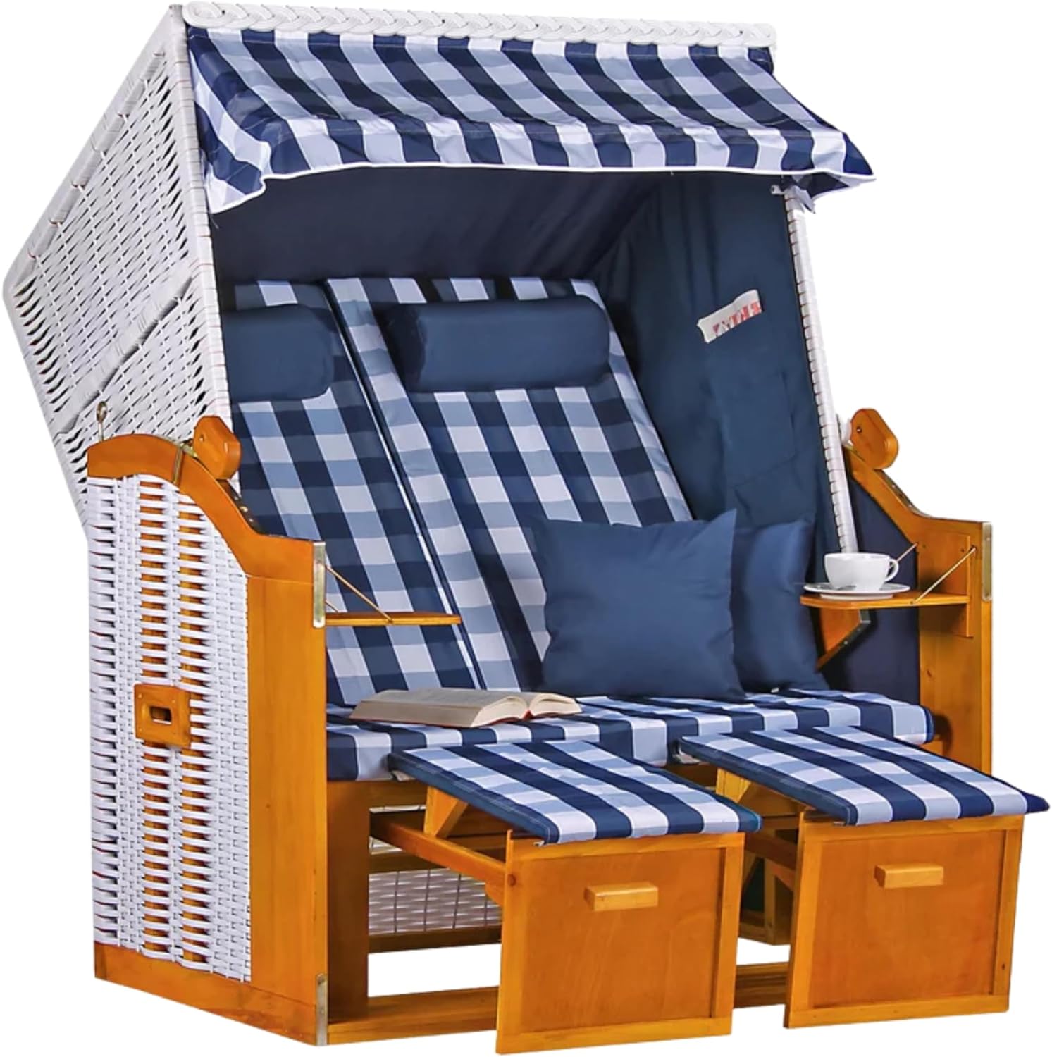 Strandkorb Ostsee Volllieger 2-Sitzer | PE Geflecht Weiß Bezug Uni blau | inkl. 4 Kissen & Klapptisch | Strandstuhl verstellbar | Strandkörbe aus Hartholz mit Fußablage (Dessin Karo Blau)
