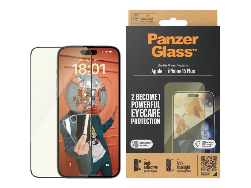 PanzerGlass™ | Ultra-Wide Fit - Skærmbeskyttelse til mobiltelefon - EyeCare Protection | Apple iPhone 15 Plus