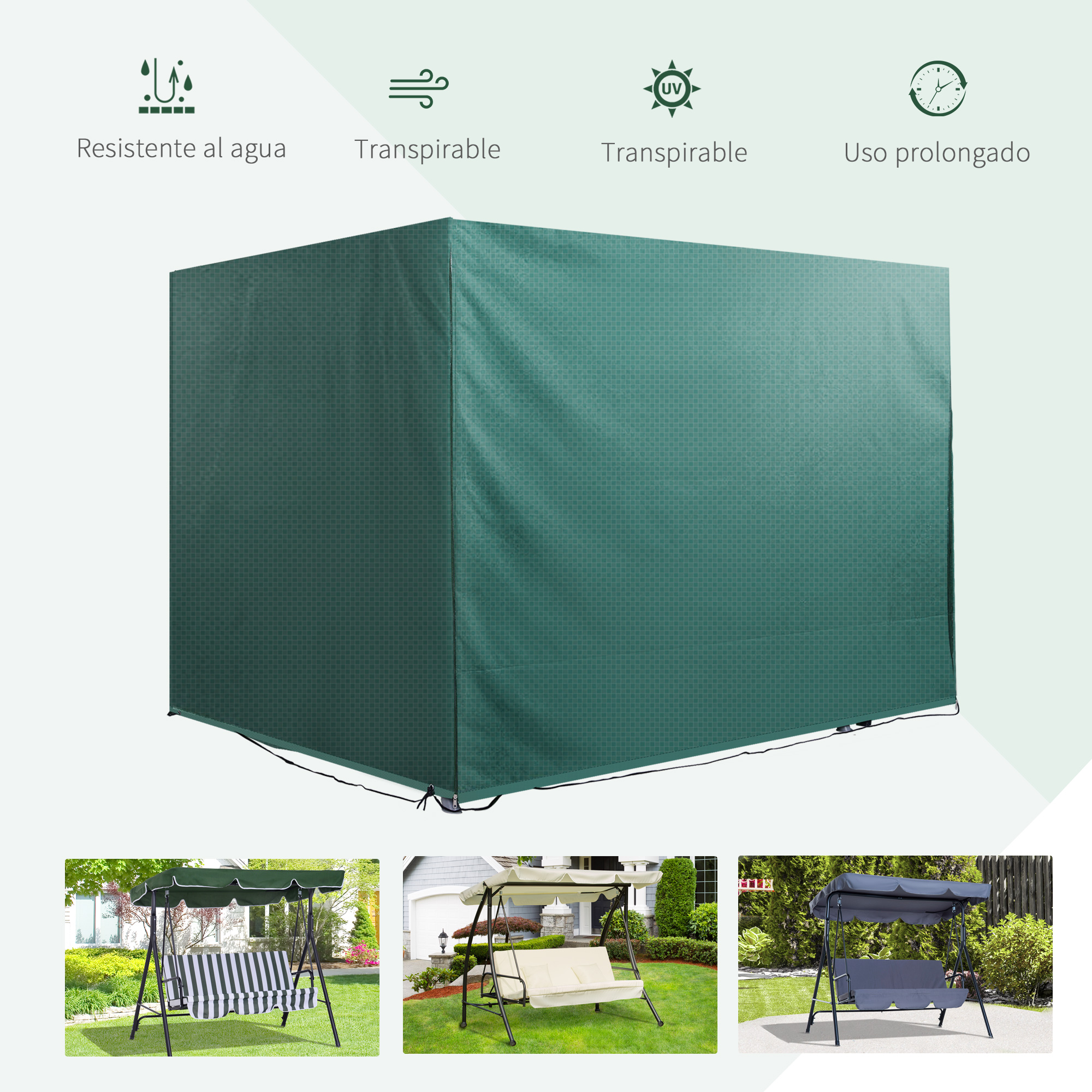 Capa protetora Outsunny para cadeira de balanço de jardim de 3 lugares, 215x155x150 cm, impermeável com zíper, para móveis de exterior, à prova de poeira e vento, verde.