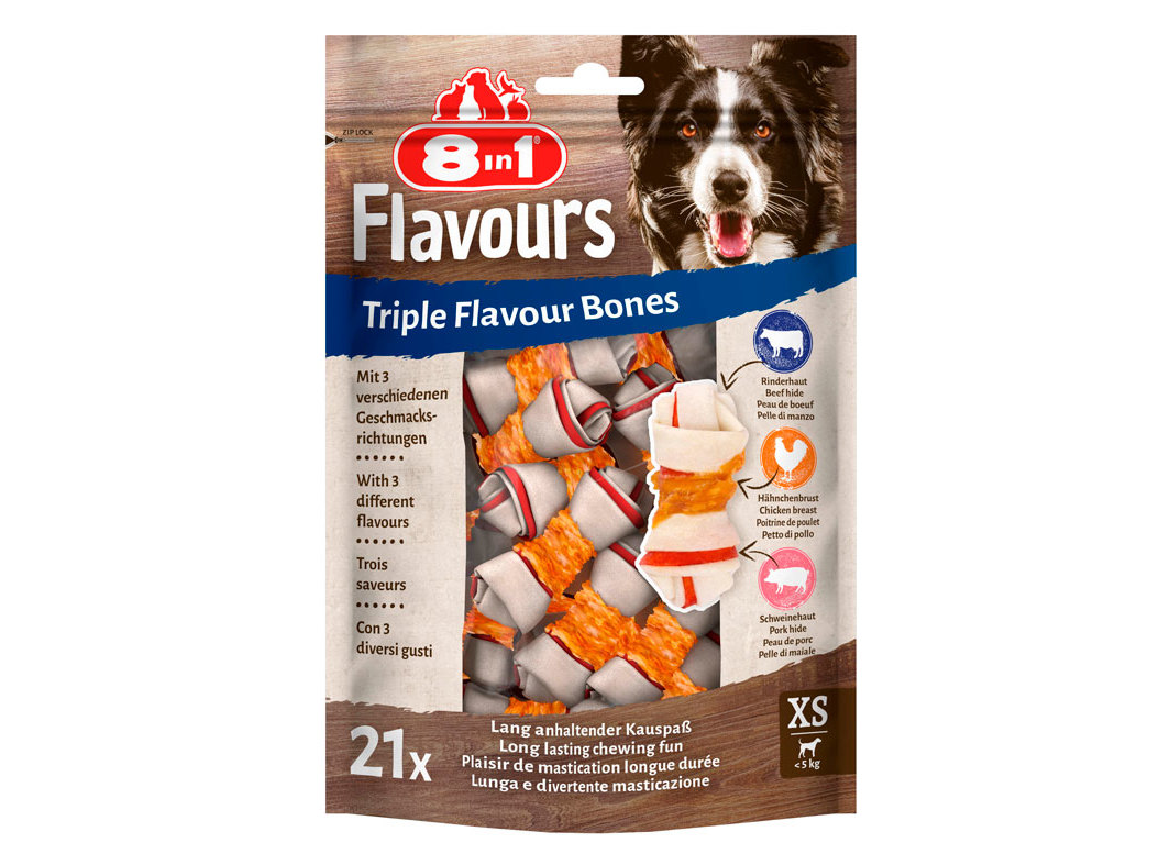 SNACKS CÃO 8IN1 TRIPLE FLAVOUR XS PACK 21 UNIDADE