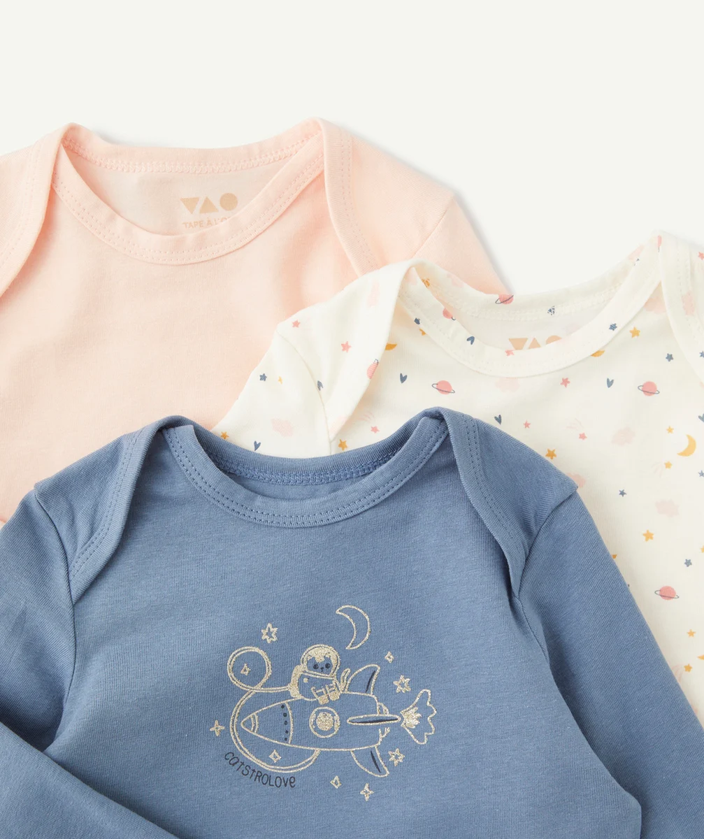 LOT DE 3 BODIES EN COTON BIOLOGIQUE BLEU ÉCRU ET ROSE
