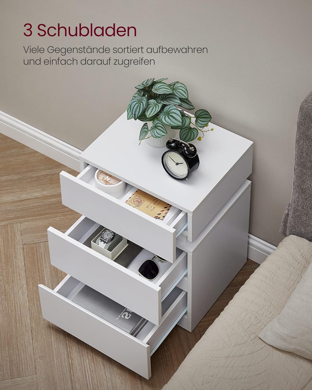 VASAGLE Kailyn Kollektion - Nachttisch 2er Set, LED-Beleuchtung, Beistelltisch, Sofatisch 3 Schubladen, Nachtschrank Schlafzimmer Wohnzimmer, modern, 35 x 40 x 55 cm, wolkenweiß LET0830W01