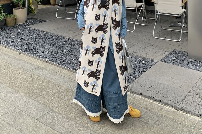 Trendycas - Mouwloos ronde hals katten lang vest / Lange mouwen ronde hals effen top / Middelhoge taille kant afwerking wijde pijpen jeans