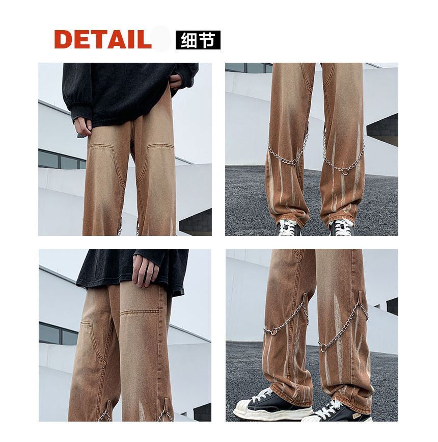 Hushgrain - Mid Rise Washed Chain Straight Leg Jeans