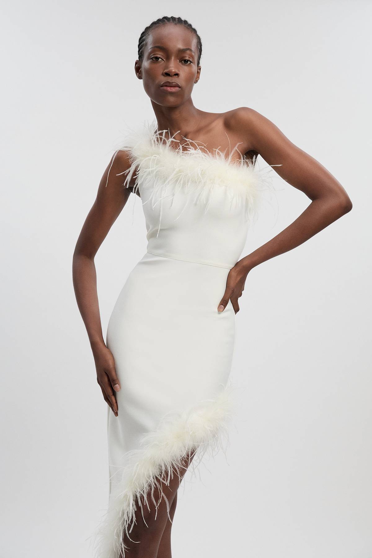 KarenMillen Robe Maxi Tricot Bandage Ajustante à Plumes Petite Taille
