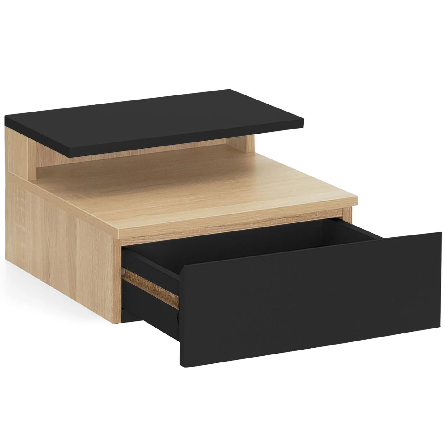 Lot de 2 tables de chevet murales TOMI 1 tiroir + 1 tablette étagère suspendue + 1 tablette façon hêtre et noir