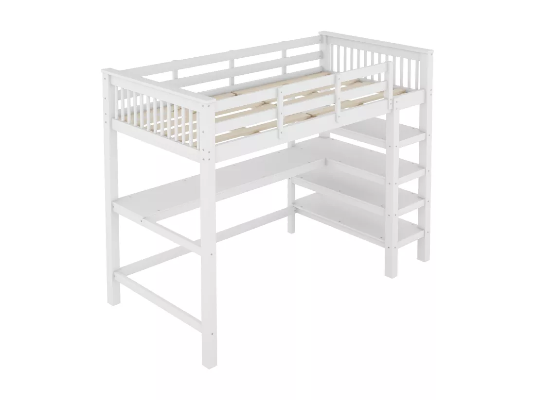 Lit mezzanine 90x200cm en bois - avec bureau et étagère de rangement - Blanc