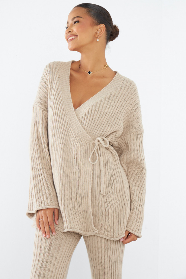 Ensemble 2 pièces gilet croisé + pantalon beige foncé en maille