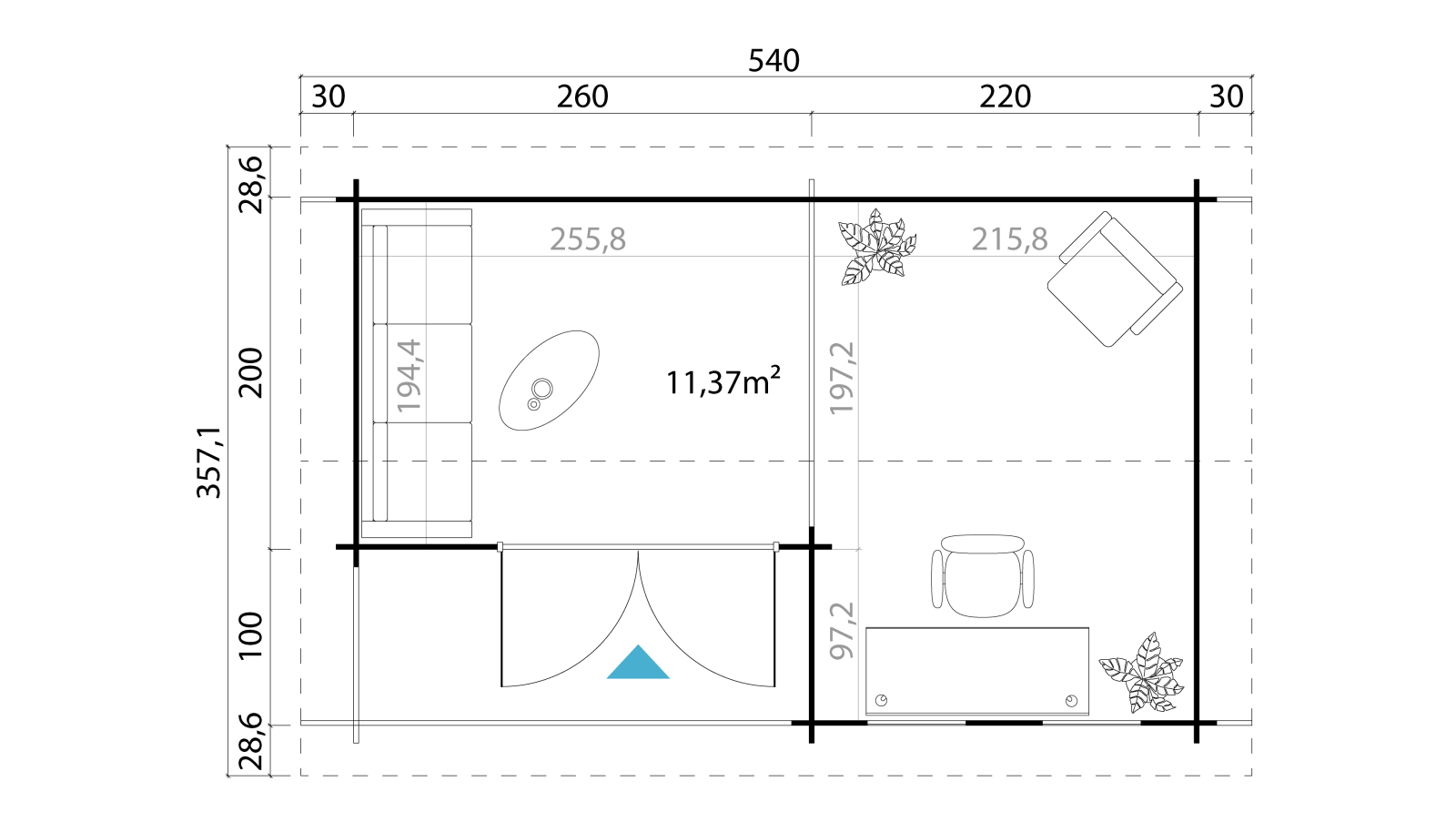 Gartenhaus RIVERSIDE - carbongrau - Fichte massiv - 480x300 cm