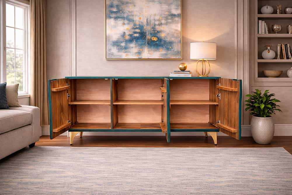 Handgearbeitetes Sideboard GOLDEN SUNSET 140cm türkis mit 3D Schnitzereien gold Mangoholz Metallbeine