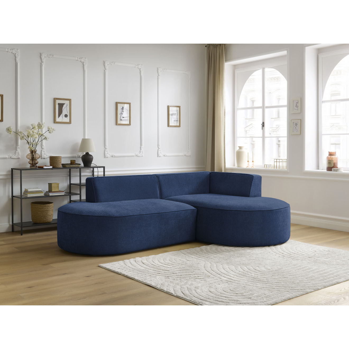 Bobochic Canapé d'angle droit fixe 4 places Rousseau texturé bleu foncé - 250x160x72 cm