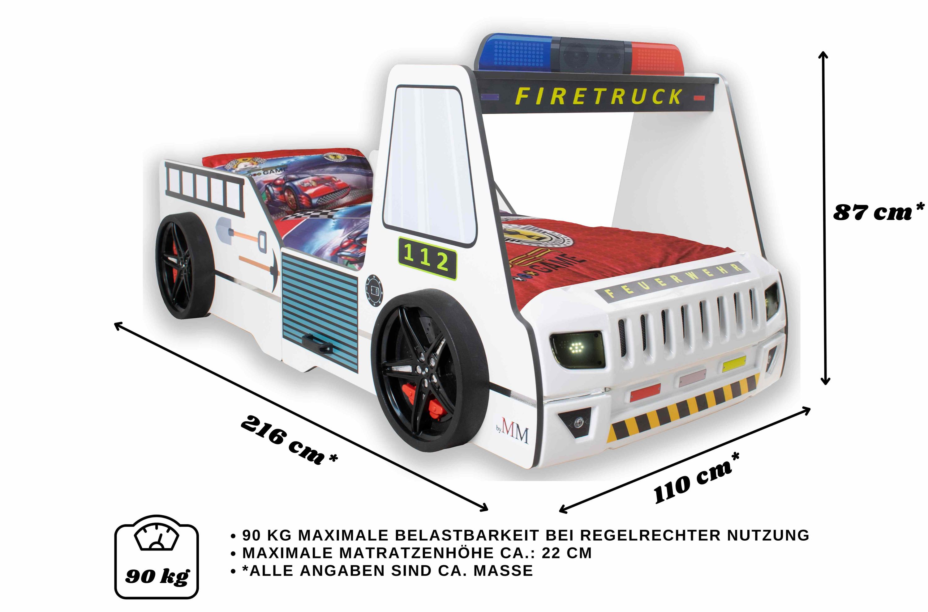 Autobett Kinder 90x200 cm Feuerwehrbett 
