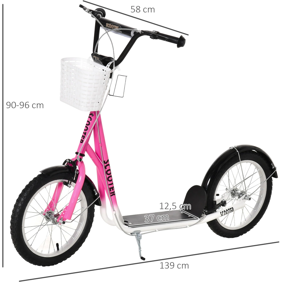 HOMCOM Kinderroller mit Vorderkorb rosa, weiß