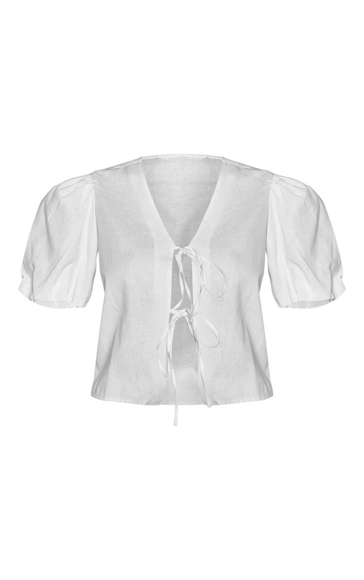 Blanc Blouse Coordonnée À Manches Bouffantes Avec Détail Noué
