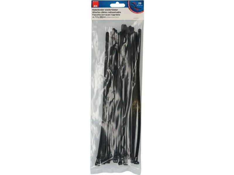 Max Hauri Kabelbinder 20 Stück Schwarz 300 mm x 7.5 mm Wiederverwendbare Kabelbinder