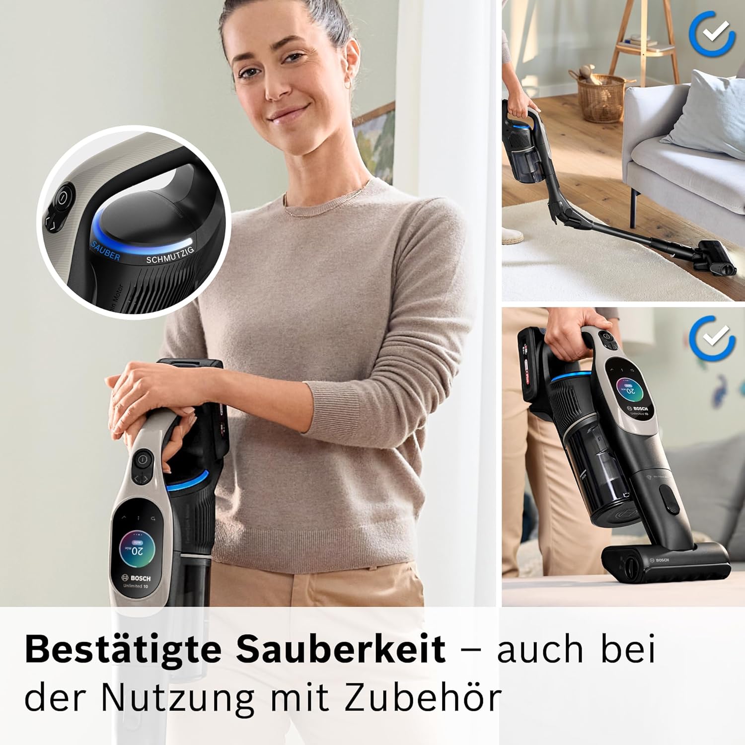 Bosch Akku-Staubsauger Unlimited 10 BKS1051GQC, kabellos, MicroClean Technology, TFT-Display, Staubkomprimierung, HEPA-Filtersystem, 10 J. Motorgarantie, 4 Ah Akku, LED-Licht, Schnellladegerät, grau