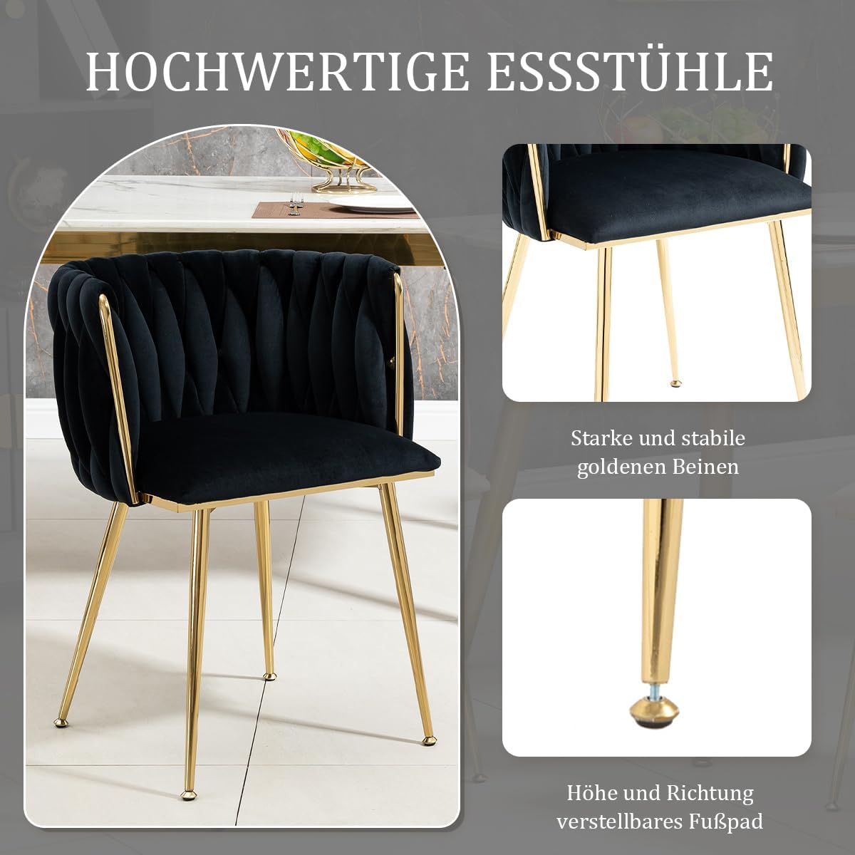 Esszimerstühle Samt 2er Set, Küchenstühle mit Goldenen Beinen und Armlehne, Polsterstuhl, Sessel mit handgewebten, Schminktisch stuhl, für Esszimmer, Küchen, Wohnzimmer, Schlafzimmer, Schwarz