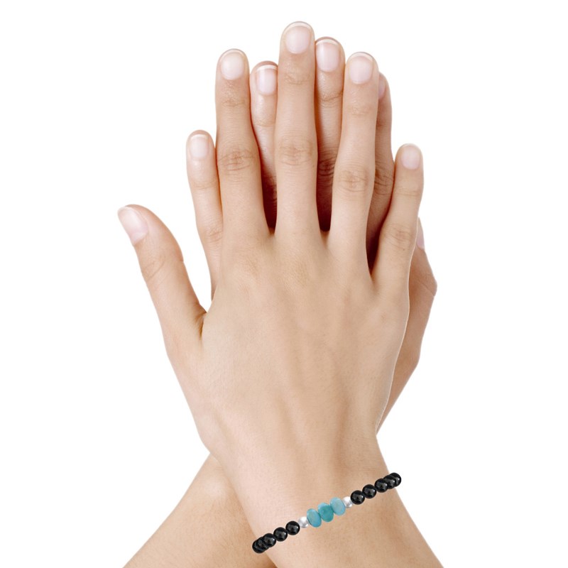 Duo Bracelets Homme et Femme Perles d'Hématites et Trois Anneaux de Larimar