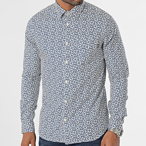 Chemise Manches Longues Slim SIL419 Blanc Bleu Marine