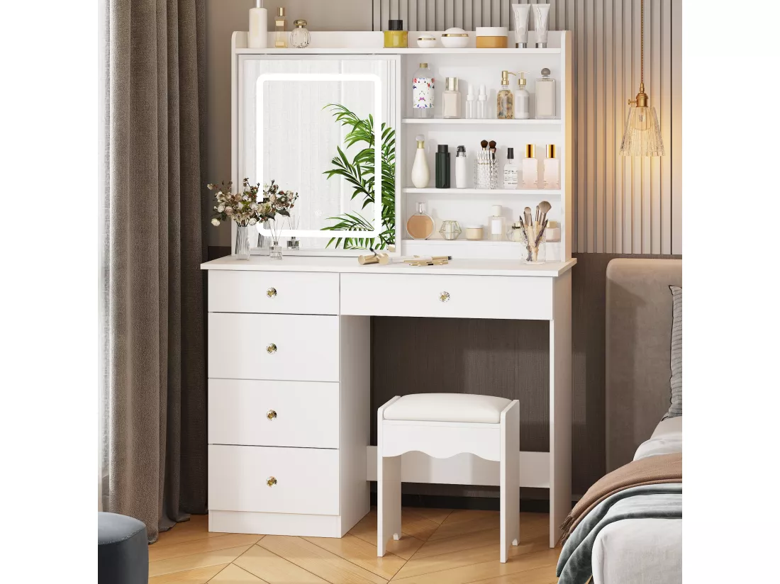 Coiffeuse avec éclairage LED et miroir coulissant, éclairage tricolore,tabouret, 5 tiroirs, 100x40x140 cm,Blanc