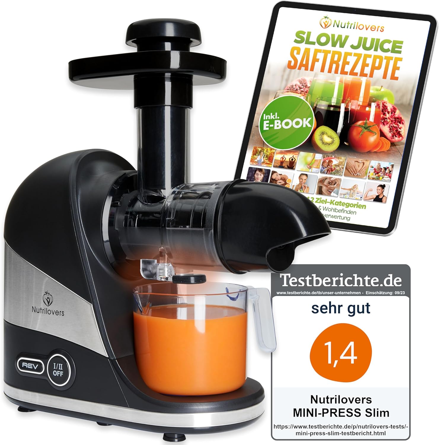 Nutrilovers Entsafter Slow Juicer MINI-PRESS Obst und Gemüse - Deutsche Marke - Kompaktes Design Edelstahl, 100% BPA-frei, Leichte Reinigung - Inkl. Rezepte-Ebook + Nutri-App