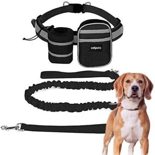 Guia Edipets Canicross com suporte para garrafa, preta, para cães.