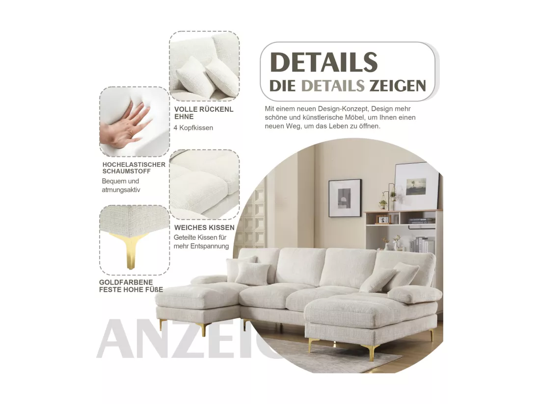 Canapé d'angle 4 places, 272x136x88cm,Grand canapé en forme de U, moderne, en tissu chenille, beige
