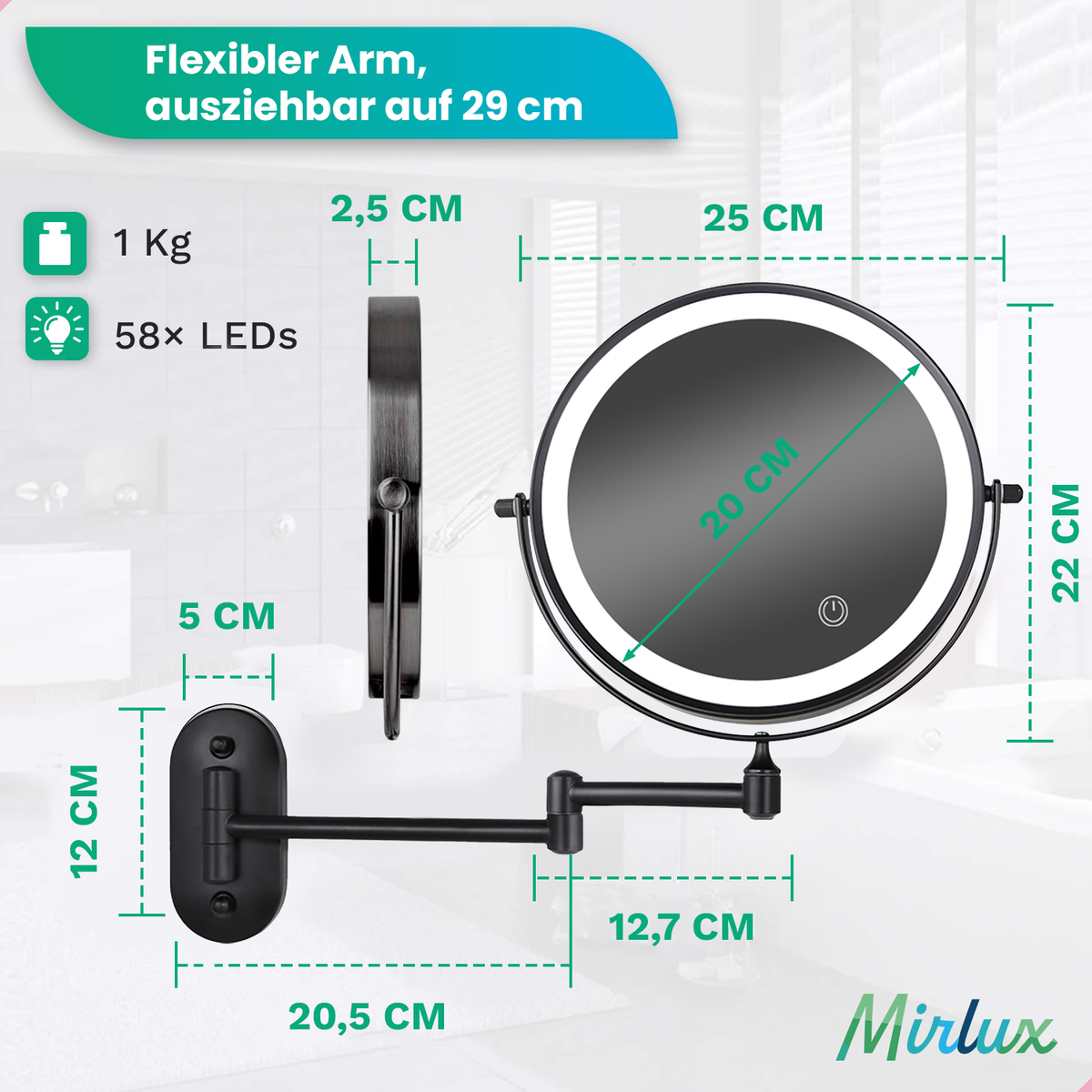 Mirlux make-upspiegel met ledverlichting, cosmetische spiegel, 5x vergroting scheerspiegel, wandmodel, zwart