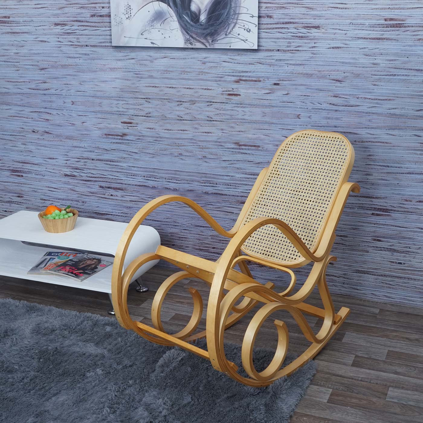 Schaukelstuhl Gallarate, Schwingsessel Fernsehsessel, Massiv-Holz Rattan, MVG-zertifiziert ~ Eiche-Optik