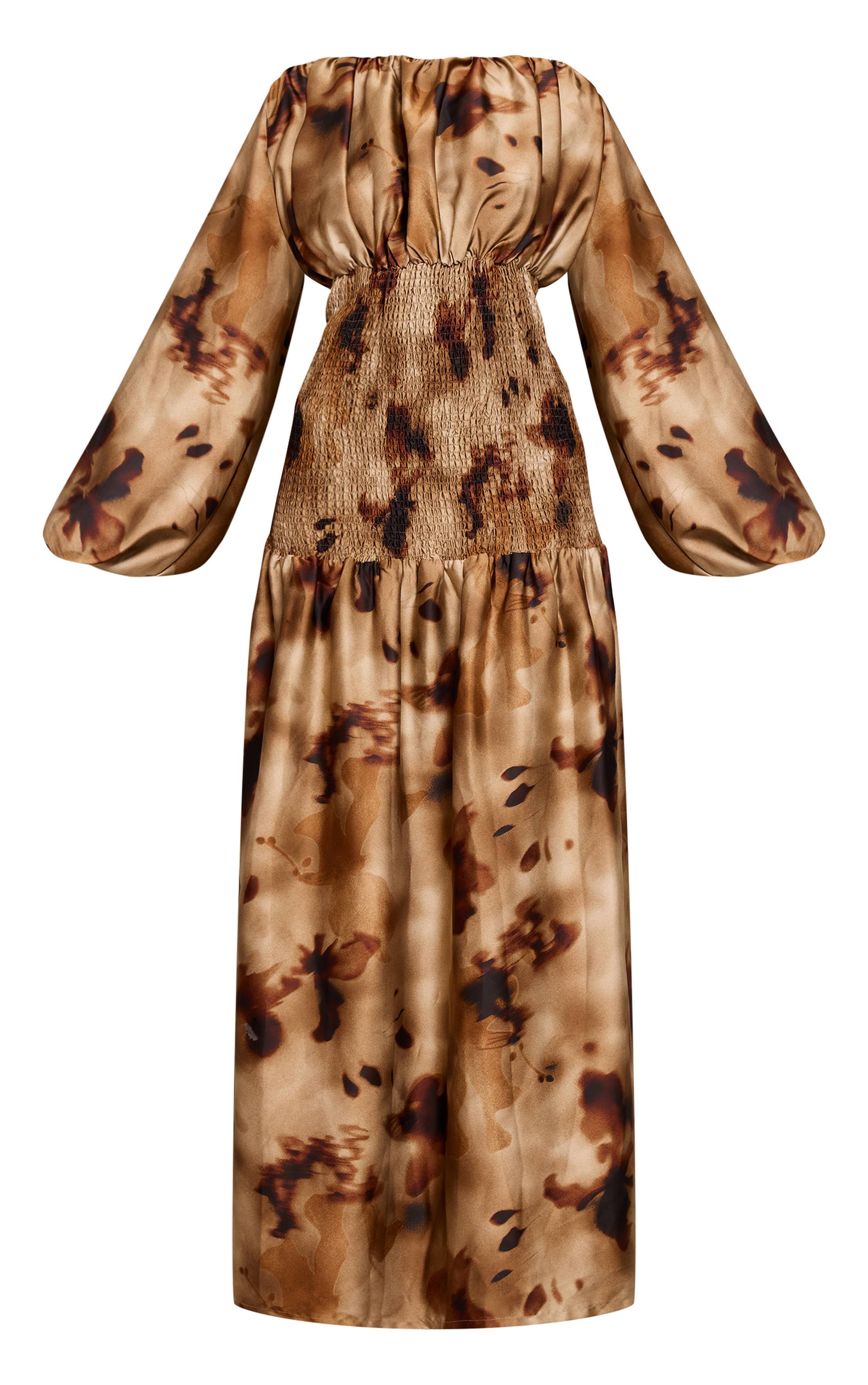 Vert Robe Longue À Taille Froncée Et Manches Longues Imprimé Abstrait