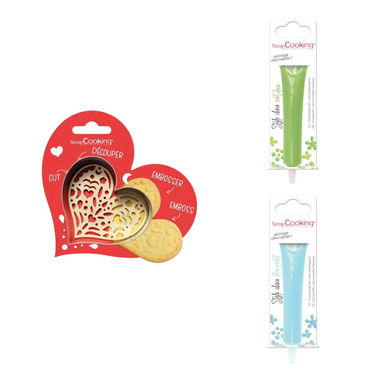 Kit pour biscuit en relief Coeur + 2 Stylos au chocolat vert clair et