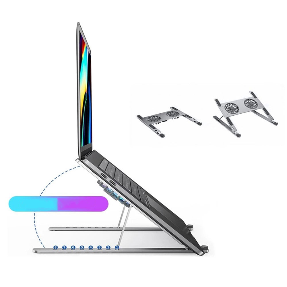 Faltbarer 8-Höhen MacBook / Laptop Kühler Ständer Halterung Alu Ständer mit zweifachem Lüfter inkl. RGB Beleuchtung (bis 18