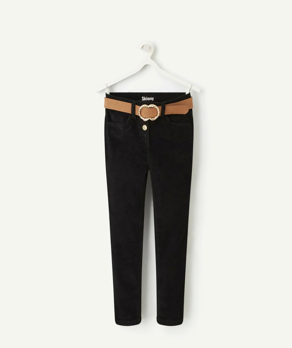 PANTALON SKINNY FILLE EN VELOURS NOIR AVEC CEINTURE MARRON
