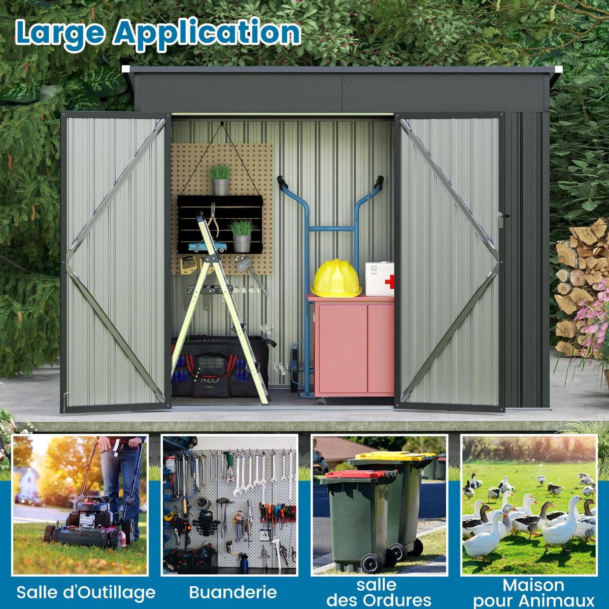 Abri de Jardin Extérieur Abri à Outils de Jardin avec 2 Portes Design Incliné Aérations Cadre en Métal Galvanisé 235x117x185cm Gris Foncé - Lidl-Manfred