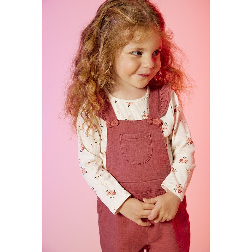 T-shirt manches longues côtelé imprimé floral pour bébé fille - Ecru