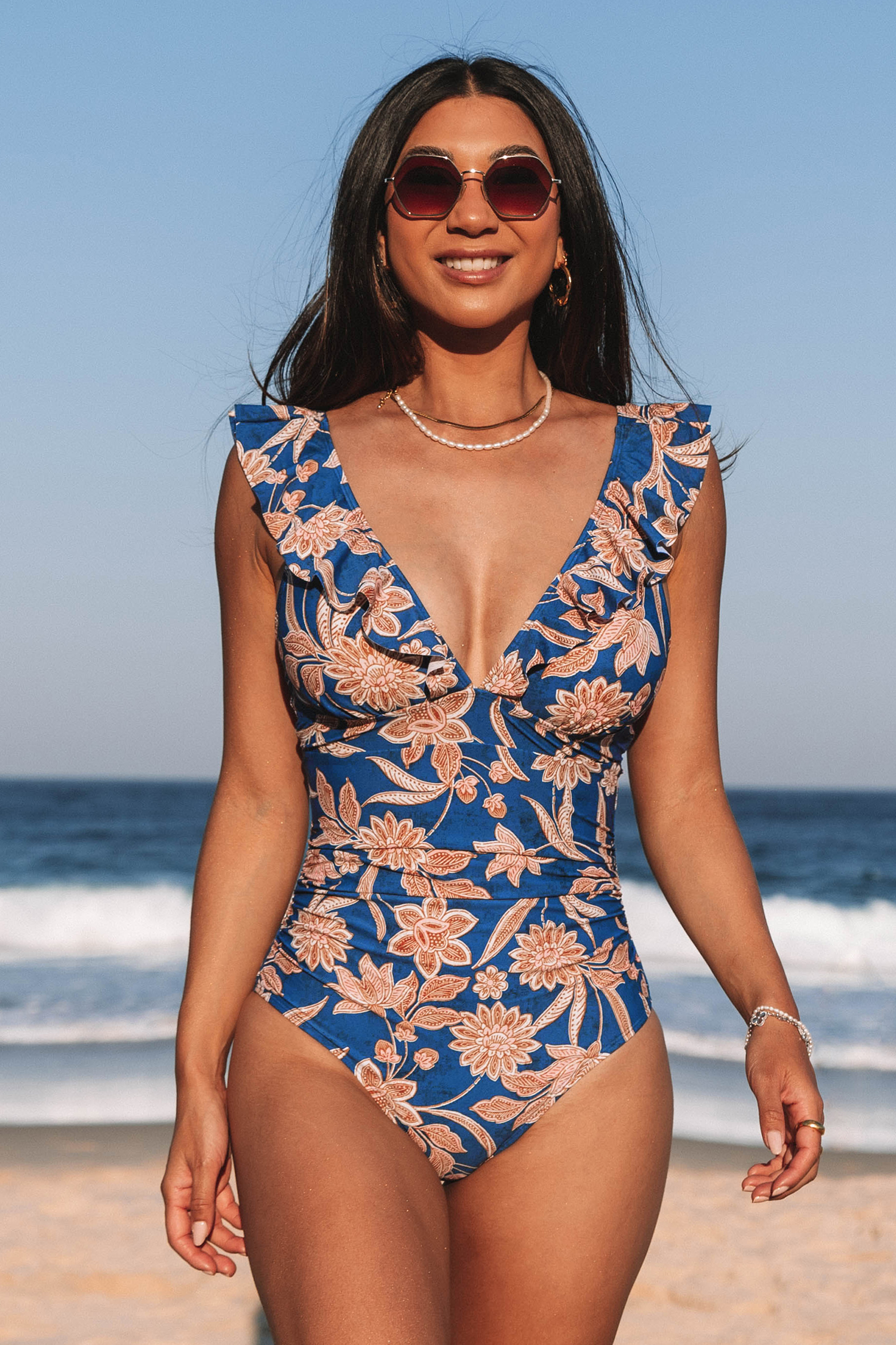 Maillot de bain une pièce ventre plat à volants et imprimé floral