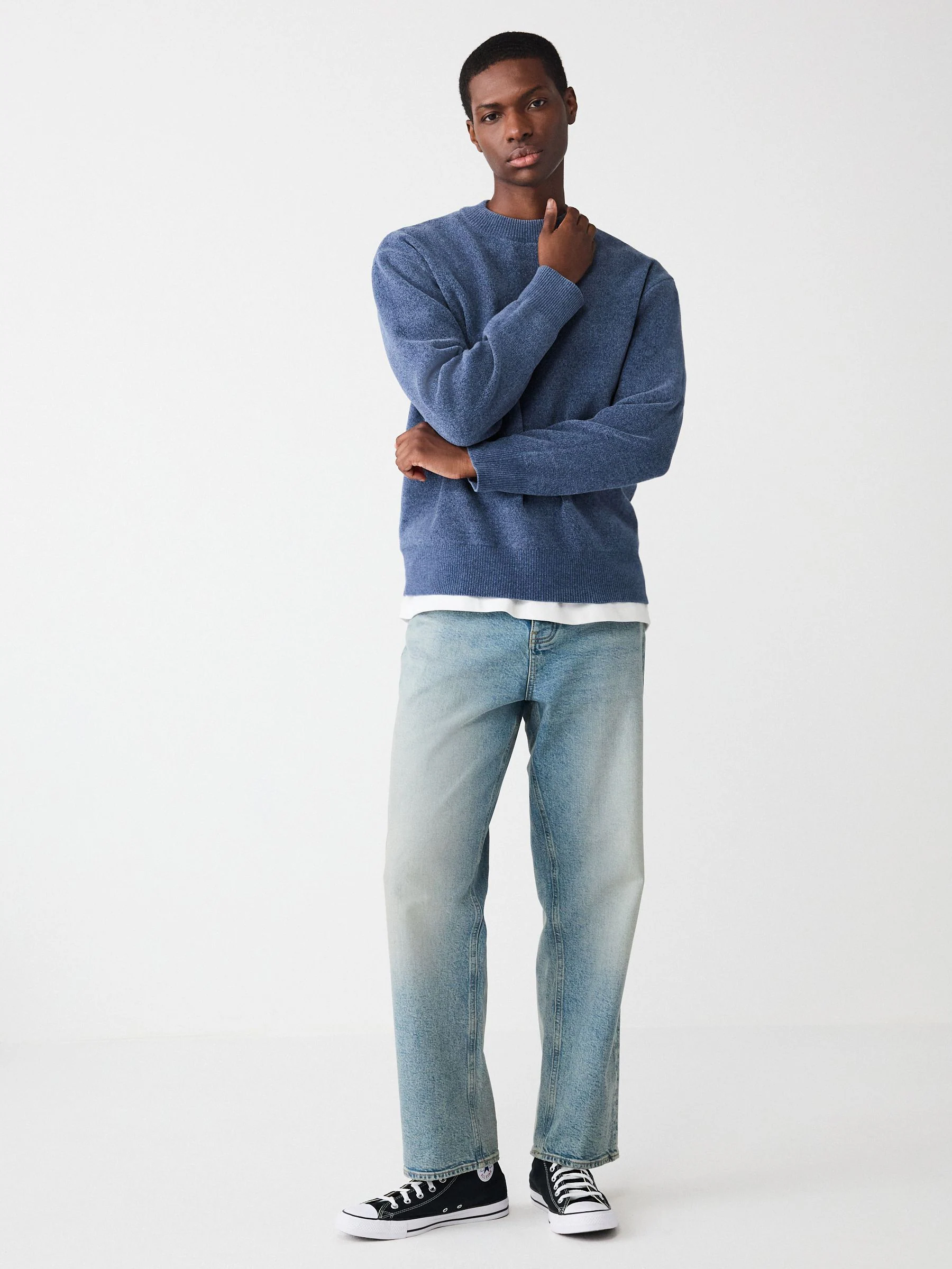Blauw - Relaxed Fit Plain Chenille Crew Neck Jumper