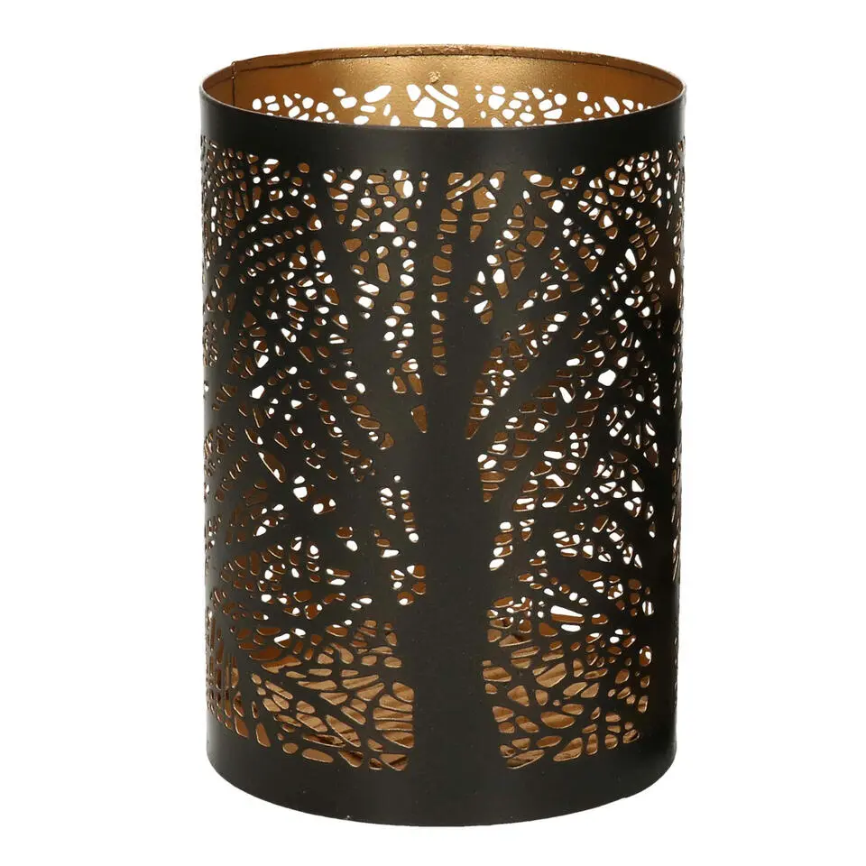 Windlicht set - 2x - zwart/goud - 10/15 cm - waxinelichthouder