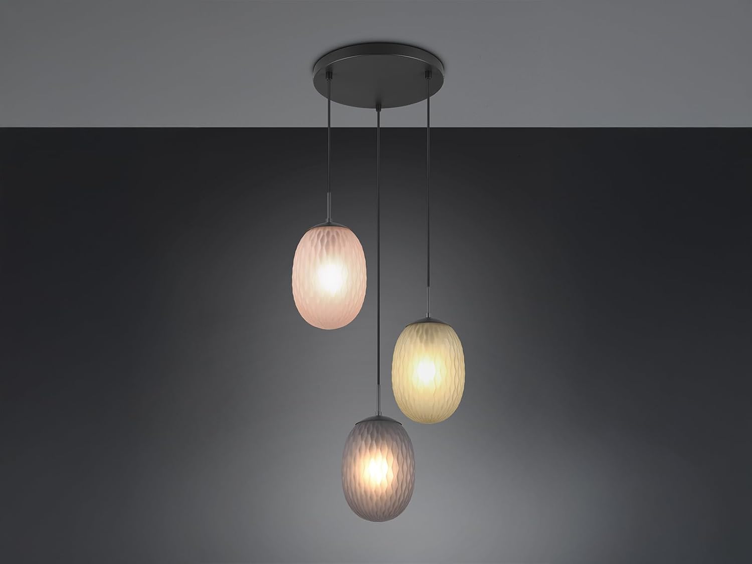 meineWunschleuchte Cluster Pendelleuchte 3-flammig mit farbigen Glasschirmen oval Ø 43cm