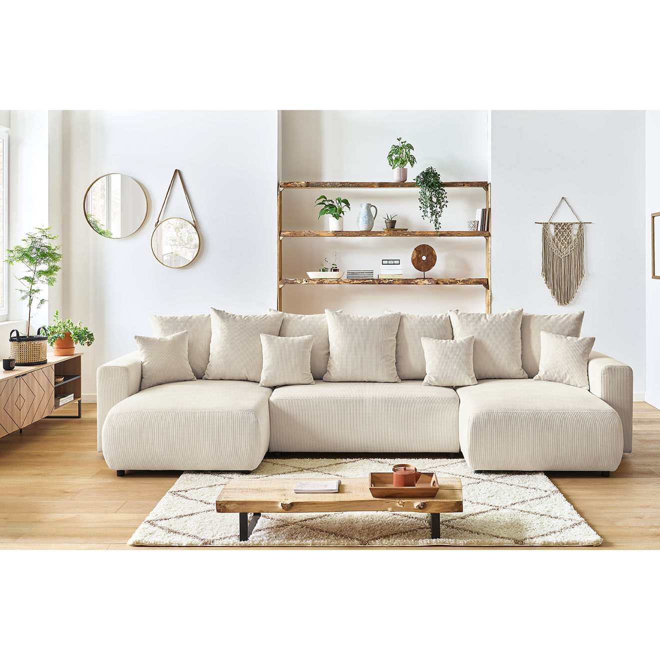 Bobochic Canapé panoramique convertible coffre velours côtelé envy beige - 386x153x95 cm