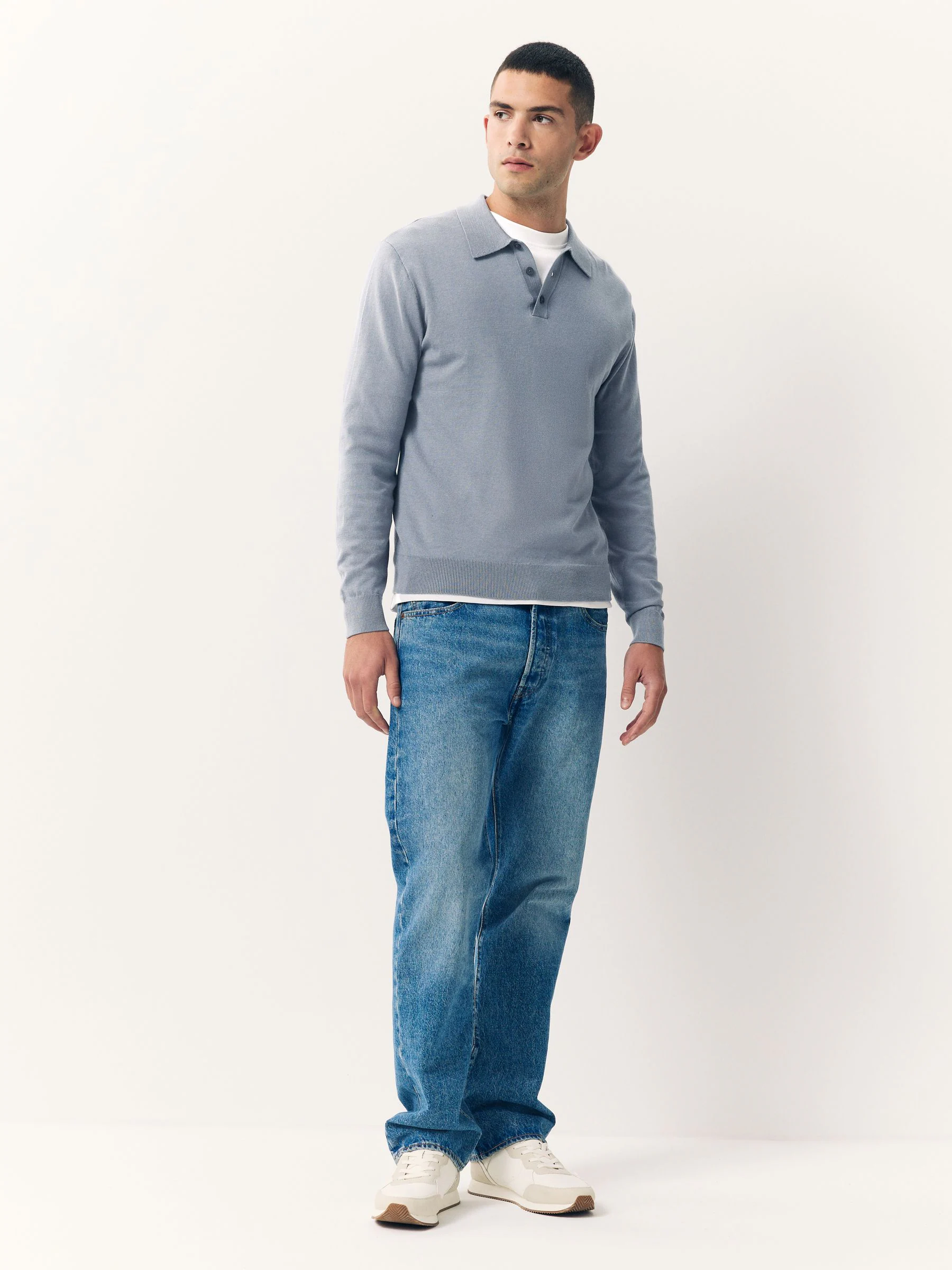Grijsblauw - Slim Fit - Katoenrijk gebreid poloshirt met lange mouwen
