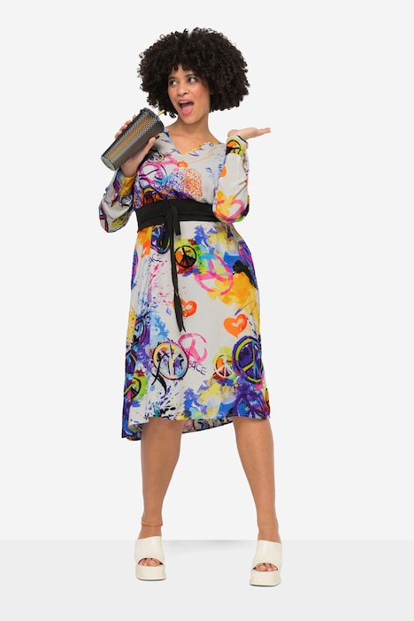 Kleid, Straight Fit, Peace-Motive, Tunika-Ausschnitt, Langarm