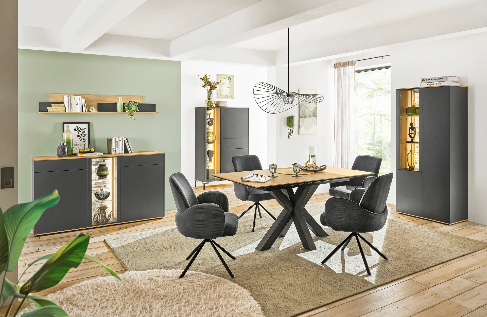 Vitrinenschrank COMO 81 x 180 cm Anthrazit matt Lack/Asteiche-Dekor