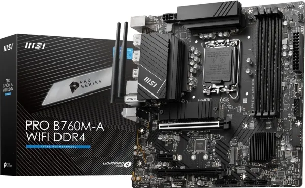 MSI PRO B760M-A WIFI DDR4 - Bundkort - micro ATX - LGA1700 sokkel - B760 Chipset - USB 3.2 Gen 2, USB 3.2 Gen 1, USB-C 3.2 Gen 1 - 2.5 Gigabit LAN, Wi-Fi 6E, Bluetooth - onboard grafik (CPU påkrævet) - HD Audio (8-kanaler)