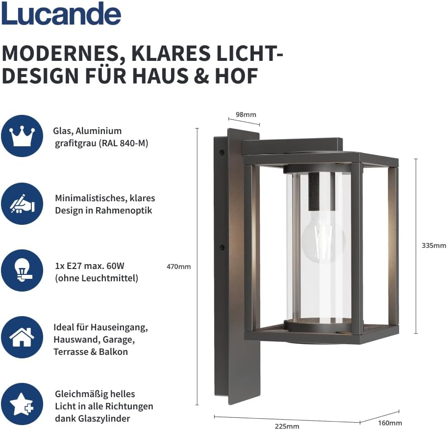 Lucande Wandlampe aussen, Aussenwandleuchte spritzwassergeschützt IP44 1x E27 max. 60W ohne Leuchtmittel Außenleuchte Wandleuchte außen
