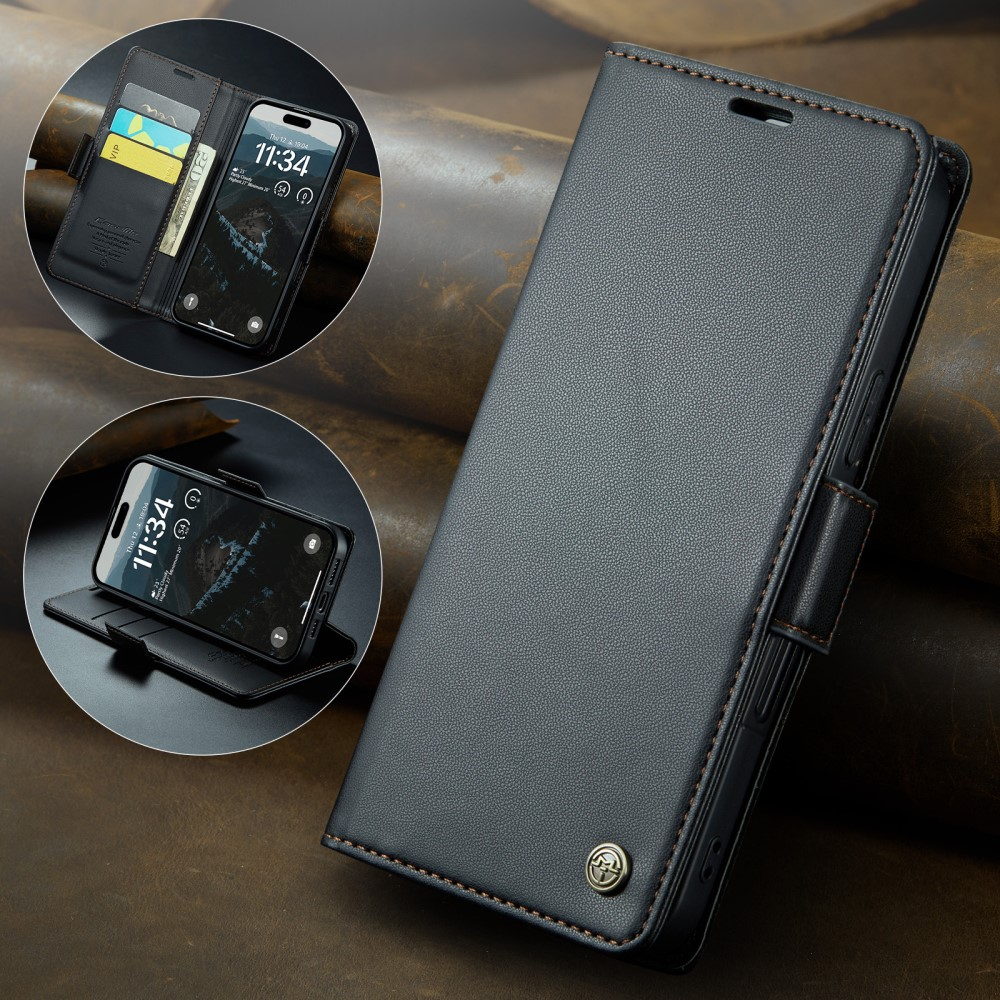 iPhone 16 Leder Tasche Flip Wallet Etui mit Kartenfächern Litchi Look (RFID Schutz) - Schwarz